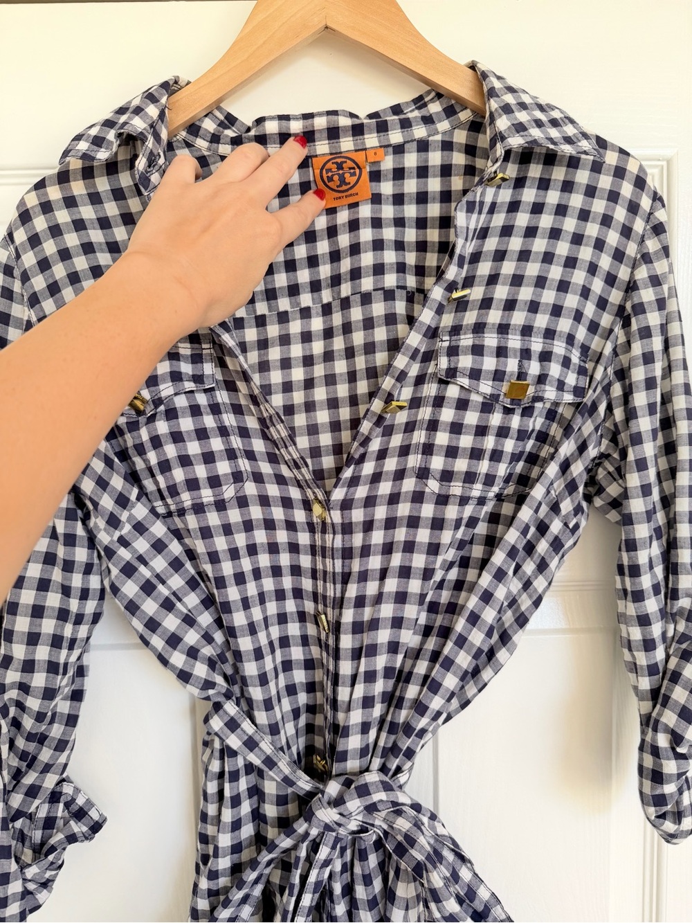 Tory Burch Navy & White Gingham Checker Tie Waist Shirt Dress Size 8 - Picture 2 of 5